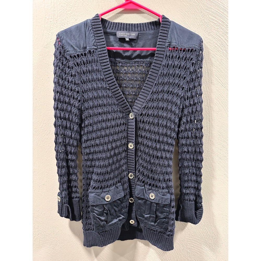 Jones New York Signature Navy Blue Crochet Knit Button Front Cardigan Sweater S